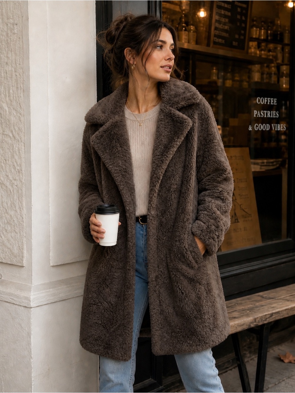 Forever 21 Taupe Faux Fur Teddy Coat Faux | Long Jacket | Size Small